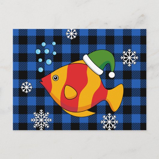 Xmas Tropische Vis Cartoon op Blauw Buffelpatroon Feestdagenkaart (Voorkant)