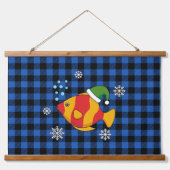 Xmas Tropische Vis Cartoon op Blauw Buffelpatroon Hangend Wandkleed (Voorkant)