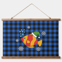 Xmas Tropische Vis Cartoon op Blauw Buffelpatroon Hangend Wandkleed
