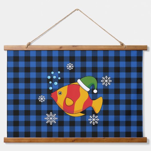 Xmas Tropische Vis Cartoon op Blauw Buffelpatroon Hangend Wandkleed (Voorkant)