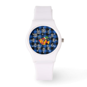 Xmas Tropische Vis Cartoon op Blauw Buffelpatroon Horloge