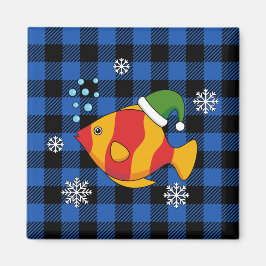 Xmas Tropische Vis Cartoon op Blauw Buffelpatroon Magneet