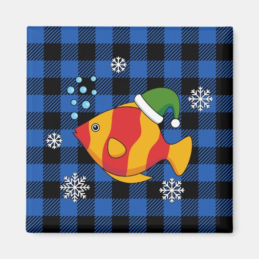 Xmas Tropische Vis Cartoon op Blauw Buffelpatroon Magneet (Voorkant)