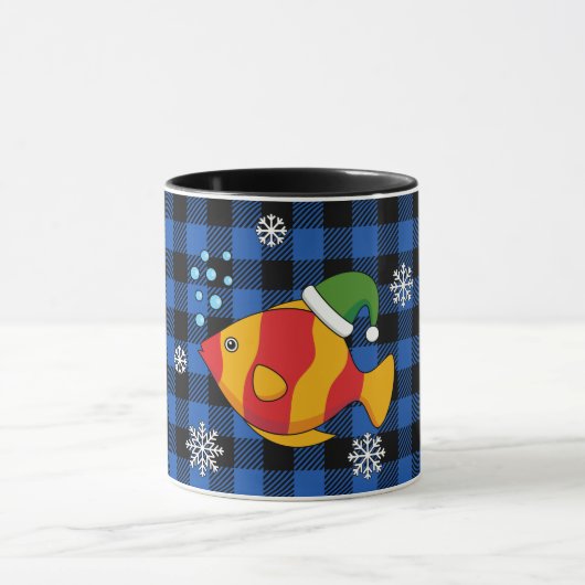 Xmas Tropische Vis Cartoon op Blauw Buffelpatroon Mok (Midden)