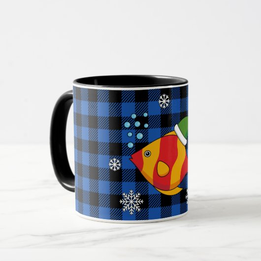 Xmas Tropische Vis Cartoon op Blauw Buffelpatroon Mok (Voorkant links)