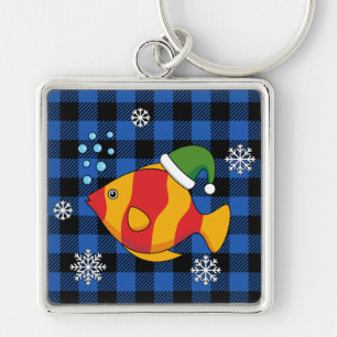 Xmas Tropische Vis Cartoon op Blauw Buffelpatroon Sleutelhanger