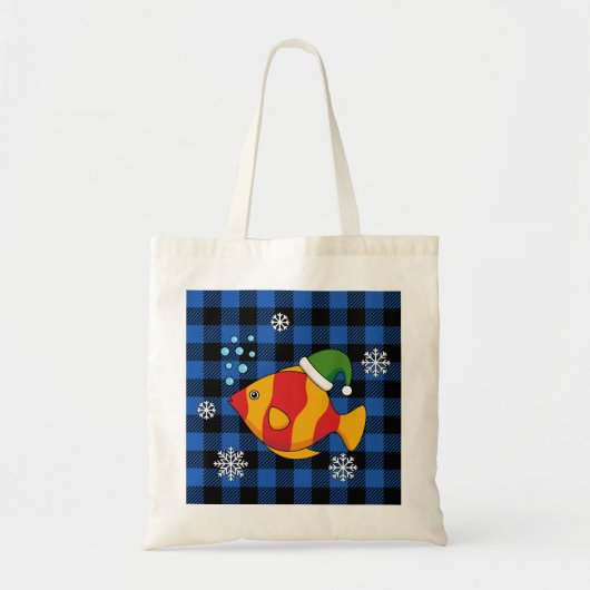 Xmas Tropische Vis Cartoon op Blauw Buffelpatroon Tote Bag (Voorkant)