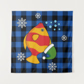 Xmas Tropische Vis Cartoon op Blauw Buffelpatroon Wandkleed (Voorkant (horizontaal))