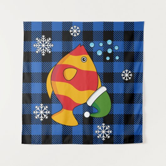 Xmas Tropische Vis Cartoon op Blauw Buffelpatroon Wandkleed (Voorkant (horizontaal))