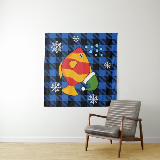 Xmas Tropische Vis Cartoon op Blauw Buffelpatroon Wandkleed (In Situ (horizontaal))
