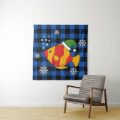 Xmas Tropische Vis Cartoon op Blauw Buffelpatroon Wandkleed (In situ)