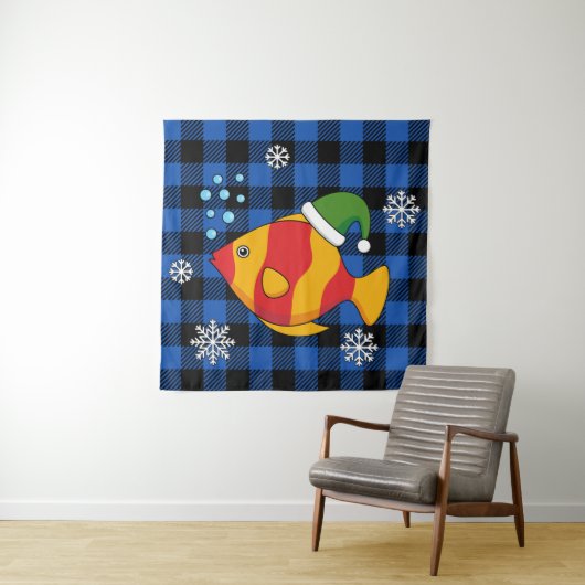 Xmas Tropische Vis Cartoon op Blauw Buffelpatroon Wandkleed (In situ)
