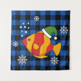 Xmas Tropische Vis Cartoon op Blauw Buffelpatroon Wandkleed