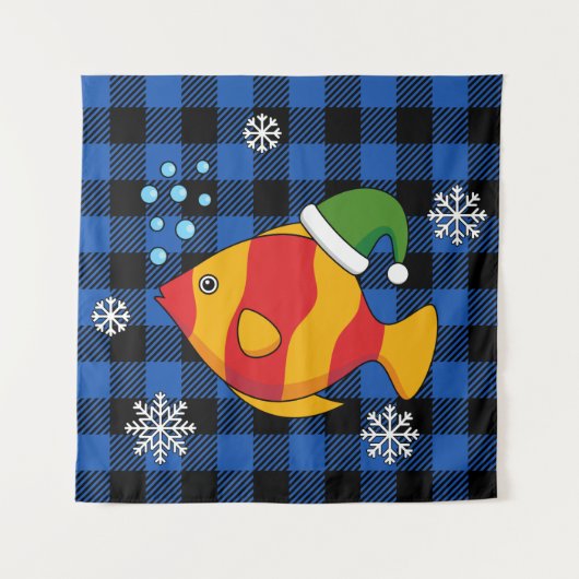 Xmas Tropische Vis Cartoon op Blauw Buffelpatroon Wandkleed (Voorkant)