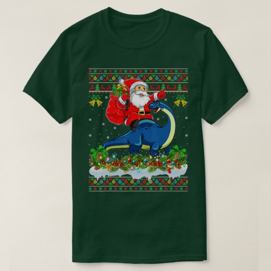 Xmas Ugly Santa Riding Brontosaurus Dinosaur Chris T-shirt (Design voorkant)