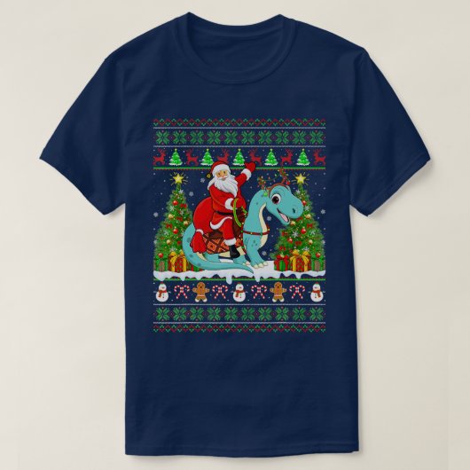Xmas Ugly Santa Riding Brontosaurus Dinosaur Chris T-shirt (Design voorkant)