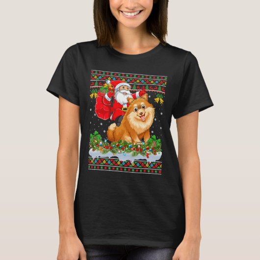 Xmas Ugly Santa Riding Pommeren T-shirt (Voorkant)