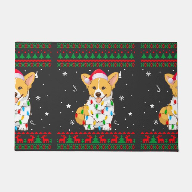 Xmas Ugly Sweater Kerstlights Corgi Hondenliefhebb Deurmat (Voorkant)