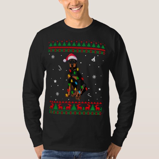 Xmas Ugly Sweater Kerstmis Lights Doberman Dog Lo T-shirt (Voorkant)