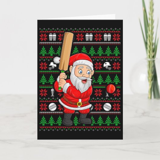 Xmas Ugly Sweater Style Santa Playing Cricket Chri Kaart (Voorkant)