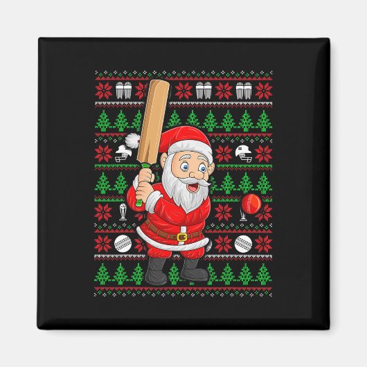 Xmas Ugly Sweater Style Santa Playing Cricket Chri Magneet (Voorkant)