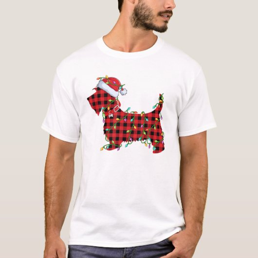 Xmas Verlichting Bijpassende Buffel Plaid Scottie T-shirt (Voorkant)