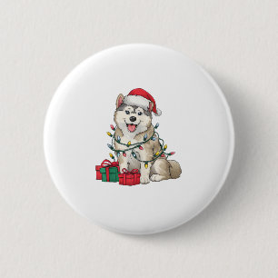 Xmas Verlichting Santa Hat Malamute Hond Kerstmis Ronde Button 5,7 Cm