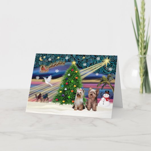 XmasMagic-Yorkshire Terriers (twee) Feestdagen Kaart (Voorkant)