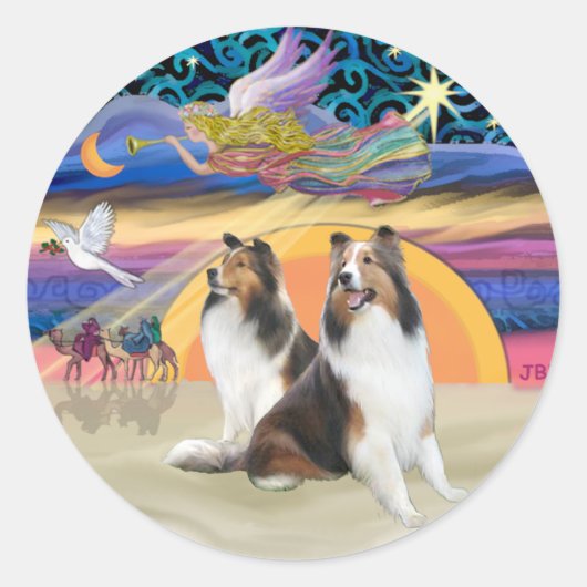 XmasStar (R)-Twee Shelties Ronde Sticker (Voorkant)