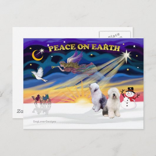 XmasSunrise-Two-Old English Sheepdog Feestdagenkaart (Voorkant / Achterkant)