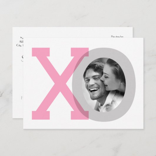 XO grijs roze bruiloft opslaan datum foto Briefkaa Aankondigingskaart (Voorkant / Achterkant)