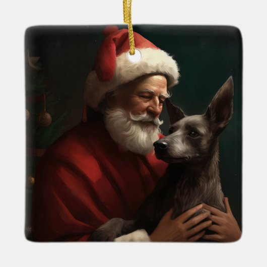 Xoloitzcuintli met Kerstman Feestelijke Kerstmis Keramisch Ornament (Voorkant)