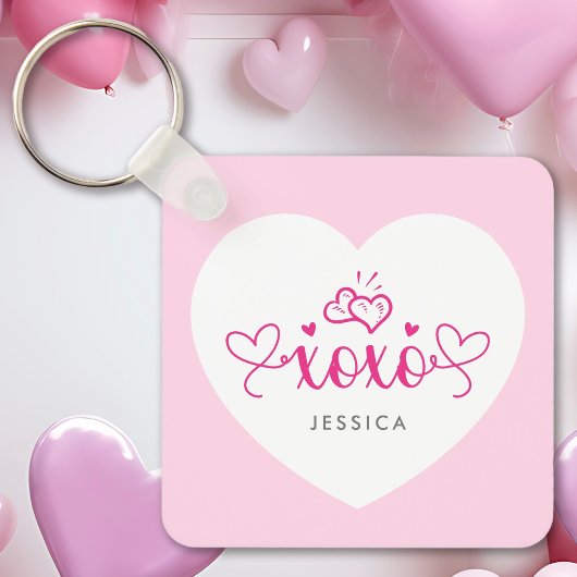 XOXO aangepaste tekst foto Schattige roze harten Sleutelhanger