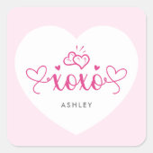 XOXO Elegant Script Pink Hearts Valentijnsdag Vierkante Sticker (Voorkant)