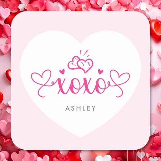 XOXO Elegant Script Pink Hearts Valentijnsdag Vierkante Sticker