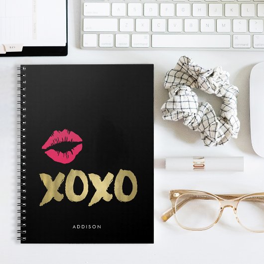 XOXO Faux Gold en Roze Lips | Zwart Notitieboek