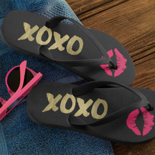 XOXO Faux Gold en Roze Lips   Zwart Teenslippers