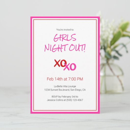 XOXO Girls Night Out Roze Schattigee Galentijn Day Kaart (Staand voorkant)