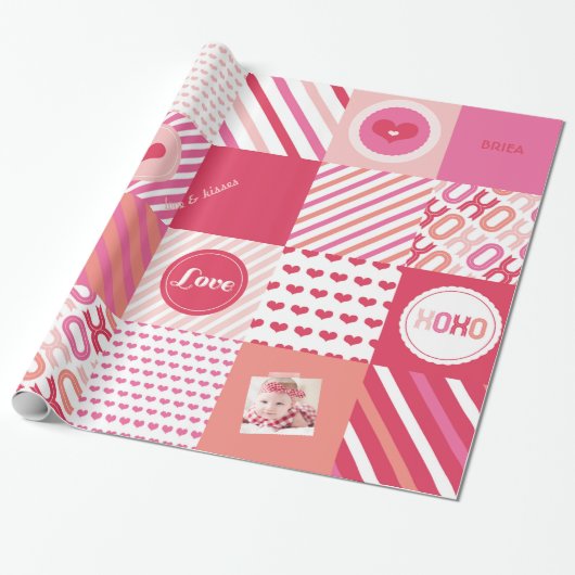 XOXO Hot Pink Valentijn Patchwork Sweet Love Photo Cadeaupapier (Uitgerold)