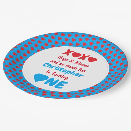 XOXO Hugs en Kisses 1ste verjaardag Papieren Bordje (Gekanteld)