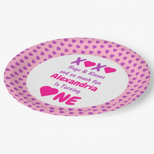 XOXO Hugs en Kisses 1ste verjaardag Papieren Bordje (Gekanteld)