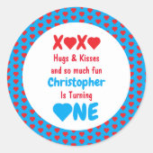 XOXO Hugs en Kisses 1ste verjaardag Ronde Sticker (Voorkant)