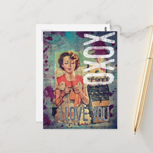 XOXO I Love You Retro Mixed Media Collage Briefkaart (Voorkant / Achterkant in situ)