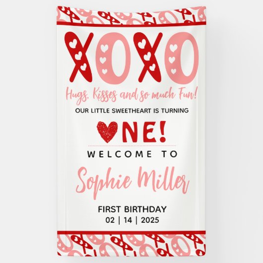 XOXO Knuffels en Kusjes Valentijnsdag 1e Verjaarda Spandoek (Verticaal)