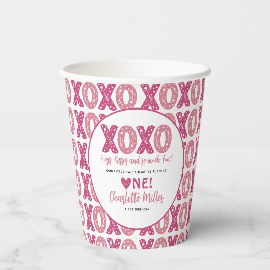 XOXO Knuffels & Kusjes Valentijnsdag 1e verjaardag Papieren Bekers (Achterkant)