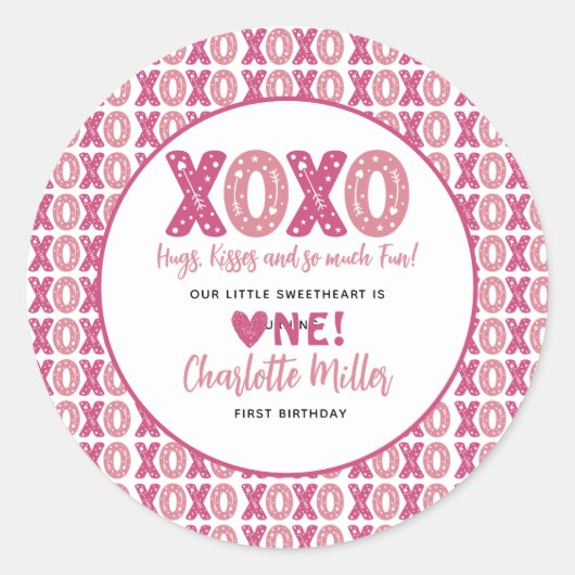 XOXO Knuffels & Kusjes Valentijnsdag 1e verjaardag Ronde Sticker (Voorkant)