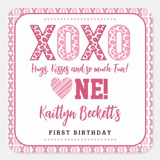 XOXO Knuffels & Kusjes Valentijnsdag 1e verjaardag Vierkante Sticker (Voorkant)