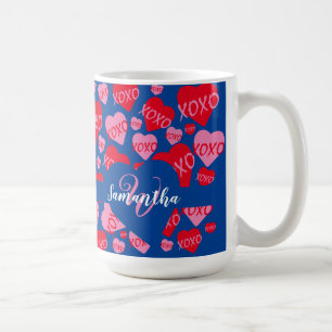 XOXO Monogram Hart Roze Rood Patroon blauw Koffiemok