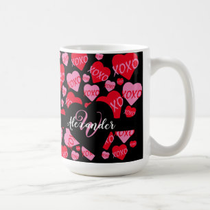 XOXO Monogram Hart Roze Rood Patroon Zwart Koffiemok