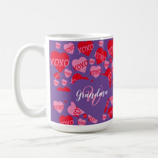 XOXO Monogram Paarse Roze Rood Hart Kusjes Koffiemok (Links)